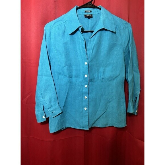 Talbots Button Up Shirt Women 6P Teal Blue 100% Irish Linen Long Sleeve Collared - Picture 1 of 7
